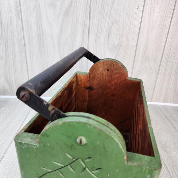 Vtg 1947 Wooden Box 12" X 9"x7" Green Carry All "Cold War Era" Tool Caddy Handle - Picture 7 of 16